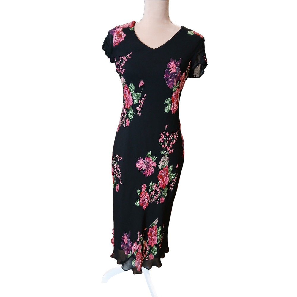 VTg y2k Bias Cut Black Dark Pink Floral Rose Midi Dress Beaded V-Neck sz 8